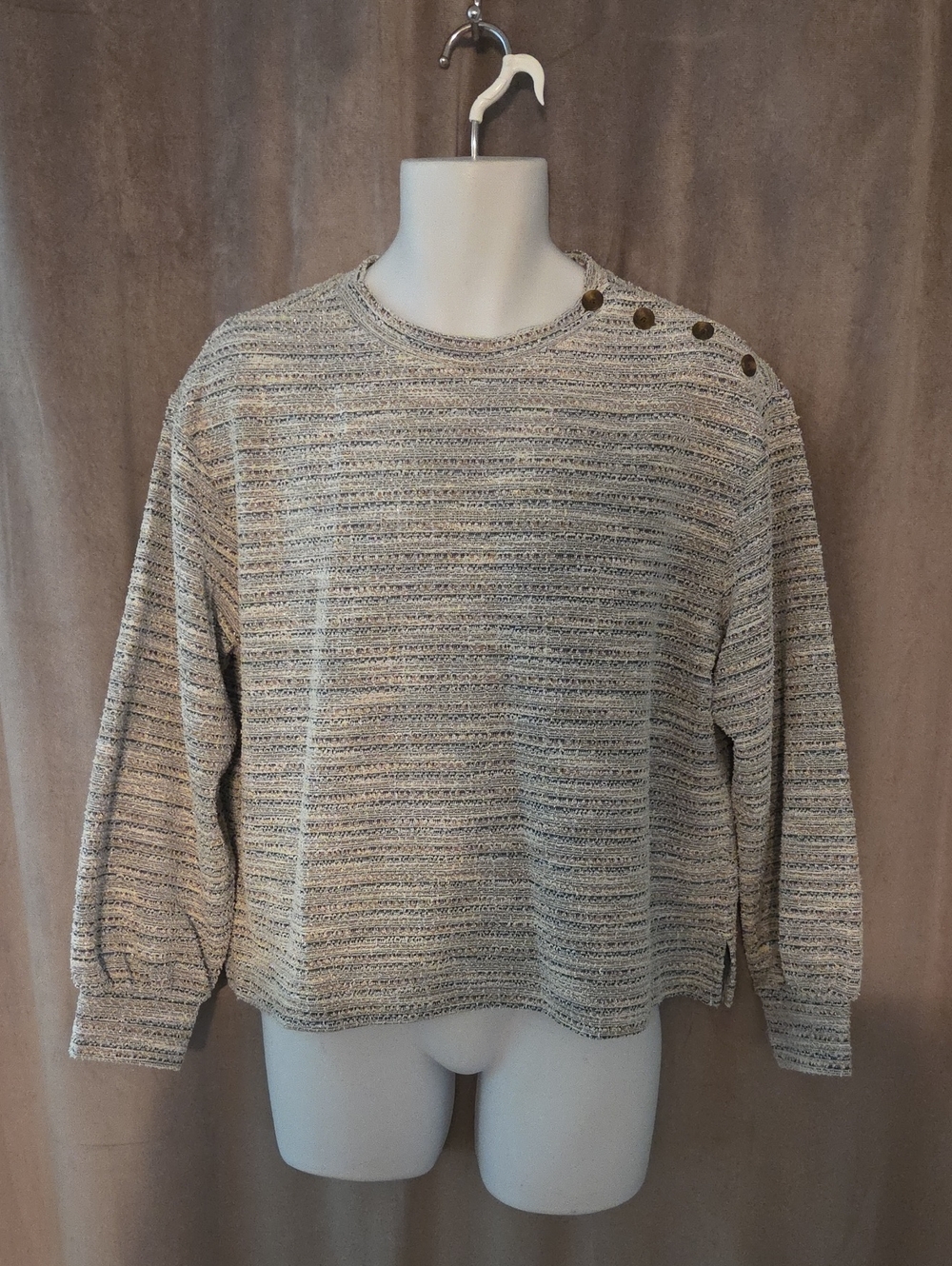 Reitmans Large Neutral Striped Crewneck Sweater with Shoulder Buttons